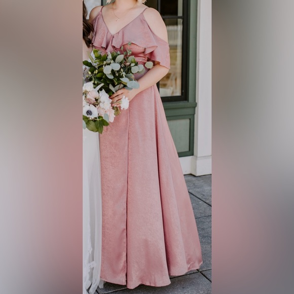 Lulu’s Moriah Rose Satin Cold-Shoulder Wrap Maxi Dress // Bridesmaid Dress - Picture 1 of 5